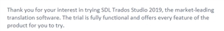 Text snippet from SDL Trados Studio website stating 'The trial is fully functional and offers every feature of the product for you to try.'