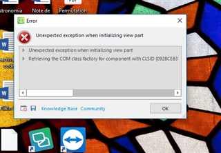 Error dialog box with message 'Unexpected exception when initializing view part: Retrieving the COM class factory for component with CLSID 0928CE83' on a desktop background.
