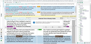 Screenshot of Trados Studio showing term recognition panel without the term 'Order Form' and a warning message indicating the term is already in the termbase.