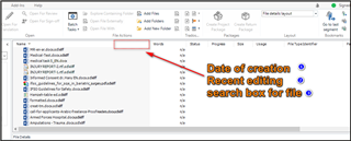Trados Studio screenshot showing a list of files with a red arrow pointing to the 'Date of creation' column, and annotations suggesting 'Recent editing' sorting and a 'search box for file'.