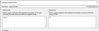 Screenshot of Trados Studio List Segmentation Rule dialog box with an error in the 'Before break' field showing an incomplete regular expression pattern.