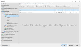 Trados Studio options window displaying Language Pairs settings with a message in German indicating settings for all language pairs.