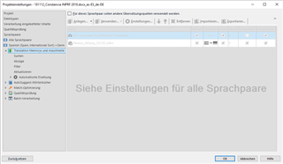 Trados Studio options window showing Language Pairs settings with the same German message as the third screenshot.