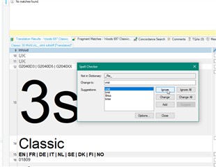 Trados Studio's 'Spell Checker' dialog box with a suggestion list, no errors or warnings displayed.