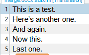 Initial Trados Studio screen showing five separate lines of text numbered 1 to 5.