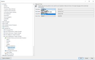 Trados Studio options menu showing date formats for English to French translation with only four default options available.