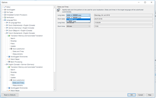 Trados Studio options menu showing date formats for English to German translation with the same four default options as English to French.