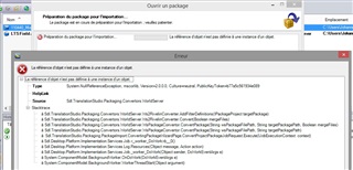 Trados Studio error message dialog box showing 'La reference d'objet n'est pas definie a une instance d'objet' with a stack trace of the error in the background.