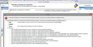 Trados Studio warning message dialog box indicating 'Le package de traduction ne contient pas les informations requises. Il peut avoir ete cree par une version anterieure.'