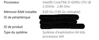 Laptop specifications showing Intel Core i5-6200U CPU at 2.30GHz, 2.40 GHz, installed RAM 8.00 GB (7.90 GB usable), 64-bit operating system, x64-based processor.
