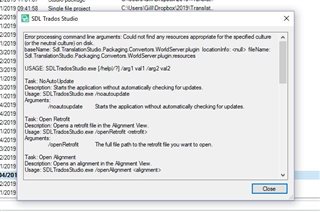 Error message in Trados Studio 2019 stating 'Processing command line arguments: Could not find any resources appropriate for the specified culture or the neutral culture on disk.' followed by file paths and usage instructions.
