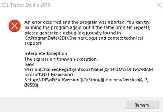 Error message in SDL Trados Studio 2019 indicating an aborted program due to an InterpreterException and suggesting to generate a debug log.
