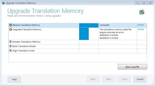 Trados Studio Upgrade Translation Memory window showing a process interrupted with a message 'The translation memory data file engine returned an error: database is locked'.