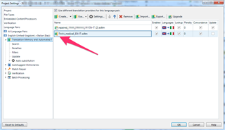 Screenshot of Trados Studio project settings with a red arrow pointing to a small triangle warning icon next to a translation memory file.