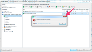 Error message in Trados Studio stating 'Unable to find the specified file' after attempting to upgrade the translation memory.