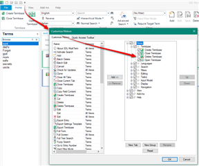 Screenshot of Trados Studio's 'Customize Ribbon' dialog box with a red arrow pointing from the 'Close Termbase' command in the list to the 'Remove' button.