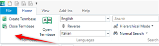 Trados Studio screenshot showing the 'Close Termbase' option highlighted with a red arrow pointing towards the 'Remove' button.