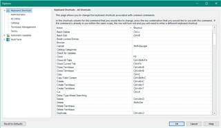 Trados Studio 'Options' window displaying a list of keyboard shortcuts for various commands, with no visible errors or warnings.
