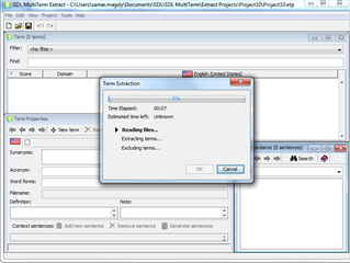 SDL MultiTerm Extract dialog box showing no progress with time elapsed at 00:17 and estimated time unknown.