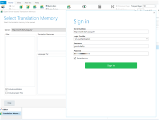 Trados Studio sign-in window for server-based translation memory with fields for Server Address, Login Provider, Username, and Password filled out.