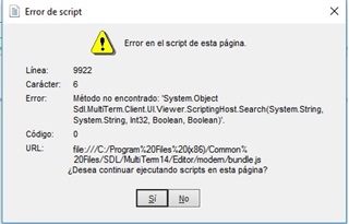 Pop-up error window in Trados Studio with a warning icon and message 'Error en el script de esta pagina.' Details include Line: 992, Character: 6, Error: 'Method not found: System.Object System.Term.Client.UI.OverlappingHost.Search(System.String, System.String, Int32, Boolean, Boolean).' The file path is shown and options to continue running scripts on this page are 'Yes' and 'No'.