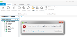 Screenshot of SDL MultiTerm with an error dialog box stating 'An error occurred while parsing EntityName. Line 1, position 138.'