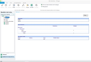 Screenshot of Trados Studio showing a bilingual glossary management window with entries for English-Spanish language pair.
