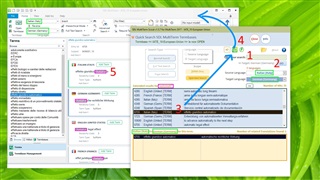 Screenshot of Tb-Scout tool interface with numbered annotations highlighting features such as instant search, term list, and direct connection to SDL MultiTerm Desktop.