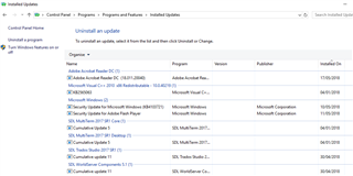 Screenshot of the 'Installed Updates' window showing a list of updates, with Cumulative Update 6 for MultiTerm 2017 Core and Desktop highlighted.