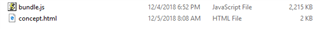 File explorer showing two files: 'bundle.js' with date 1242018 6:52 PM, size 2,215 KB, and 'concept.html' with date 1232018 8:04 AM, size 2 KB.