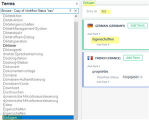 Screenshot of Trados Studio showing term details for 'Einf gen' with entry ID 322, suggesting an issue with multiple entries having the same ID.
