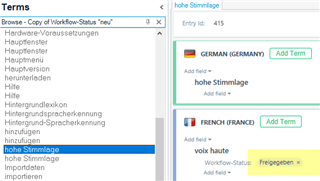 Trados Studio interface with the term 'hohe Stimmglage' now displaying only the 'freigegeben' tag in the German section, indicating the 'neu' tag has been deleted.