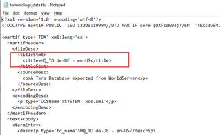 Notepad window displaying the XML contents of 'terminology_data.tbx' with the termbase title highlighted, showing mixed language characters.