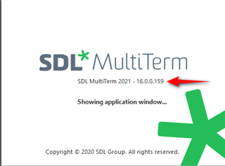 Screenshot of SDL MultiTerm 2021 startup screen displaying version number 16.0.0.159 with a red arrow pointing to it.