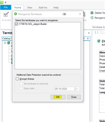 Screenshot of Reorganize Termbase dialog in Trados Studio's MultiTerm, with 'SQL_Jargon-Buster' termbase selected and no errors displayed.