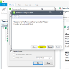 Screenshot of Termbase Reorganization Wizard in Trados Studio's MultiTerm, with 'Next' button highlighted indicating the start of the reorganization process.