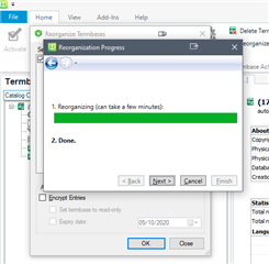 Screenshot showing the progress bar of the reorganization process in Trados Studio's MultiTerm, indicating the process is complete with a green 'Done' status.