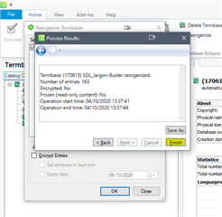 Screenshot of Process Results dialog in Trados Studio's MultiTerm, showing successful reorganization of 'SQL_Jargon-Buster' termbase with no errors.
