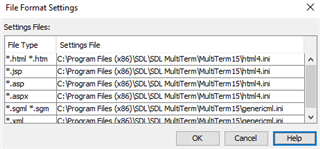 File Format Settings dialog box showing file types and associated settings files, with .xls file type missing from the list.