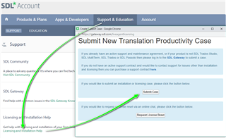 Screenshot of SDL Account support page with options to submit a new Translation Productivity case, request a license reset, or find help with installation and activation of Trados Studio.