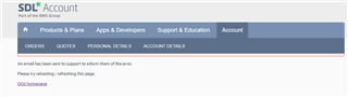 SDL Account webpage with an error message stating 'An email has been sent to support to inform them of the error. Please try reloading or refreshing this page.'
