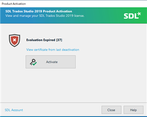 SDL Trados Studio 2019 Product Activation window showing an error message 'Evaluation Expired 37' with an 'Activate' button.