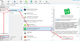 Trados Studio screenshot showing the 'Add-ins' menu with an arrow pointing to 'AppStore' and another arrow pointing to an outdated plugin with a warning symbol.