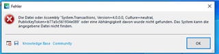 Error dialog box titled 'Fehler' with a message indicating a missing assembly 'Sdl.Translations, Version=4.0.0.0' and the system cannot find the specified file. Buttons for 'Knowledge Base' and 'Community' are visible, along with an 'OK' button.