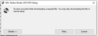 SDL Trados Studio 2014 SP2 Setup error message stating an error occurred while downloading a required file with Retry and Cancel buttons.