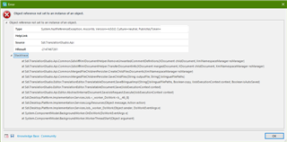 Error message in Trados Studio stating 'Object reference not set to an instance of an object' with a stack trace below.