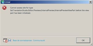 Error message in Trados Studio indicating 'Cannot access site for type' followed by a specific internal preview view part reference.