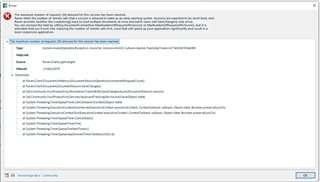 Error message in Trados Studio 2021 stating 'The maximum number of requests (30) allowed for this session has been reached.' with a list of technical details below.