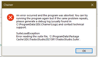 Error message in Trados Studio stating 'An error occurred and the program was aborted. You can try running the program again but if the same problem repeats, please generate a debug log and contact technical support. SuiteLoadException: Error reading the suite file.'