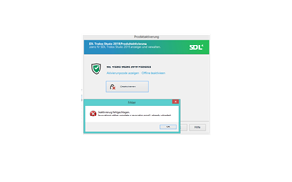 Trados Studio 2019 activation error message stating 'The licence has been deactivated' with a red failure notice.